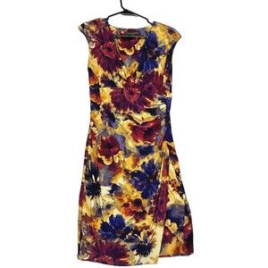 Lauren Ralph Lauren Womens Dress 8 Gold Red Watercolor Floral Faux Wrap Ruched